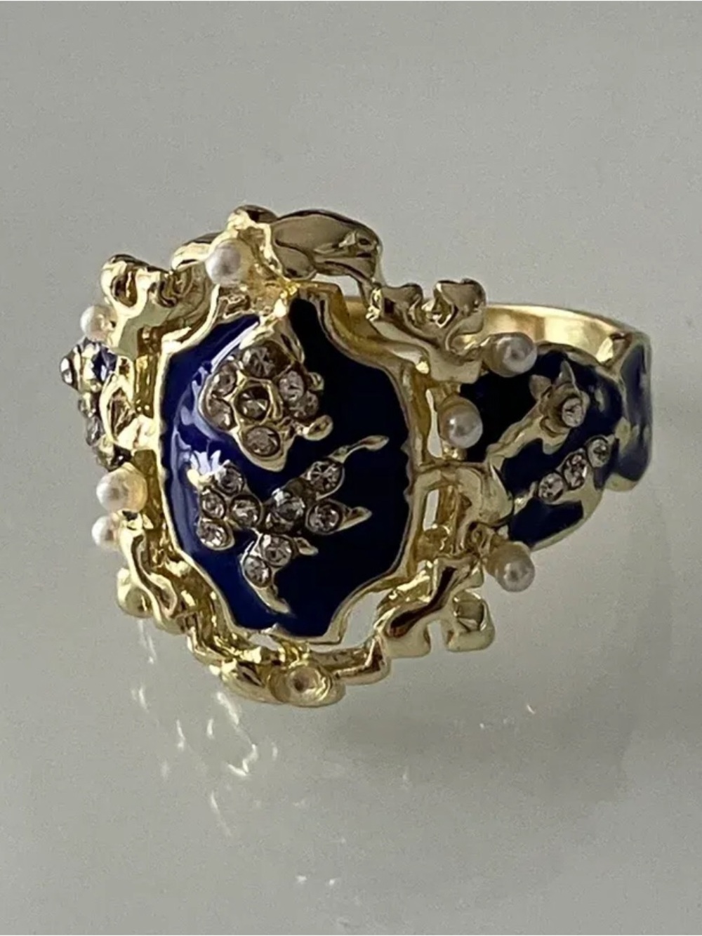 Vintage Gold-Tone Blue Enamel Floral Ring with Pearls and Crystals